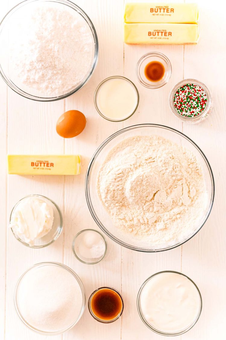 Overhead photo of ingredients used to make sugar cookies.