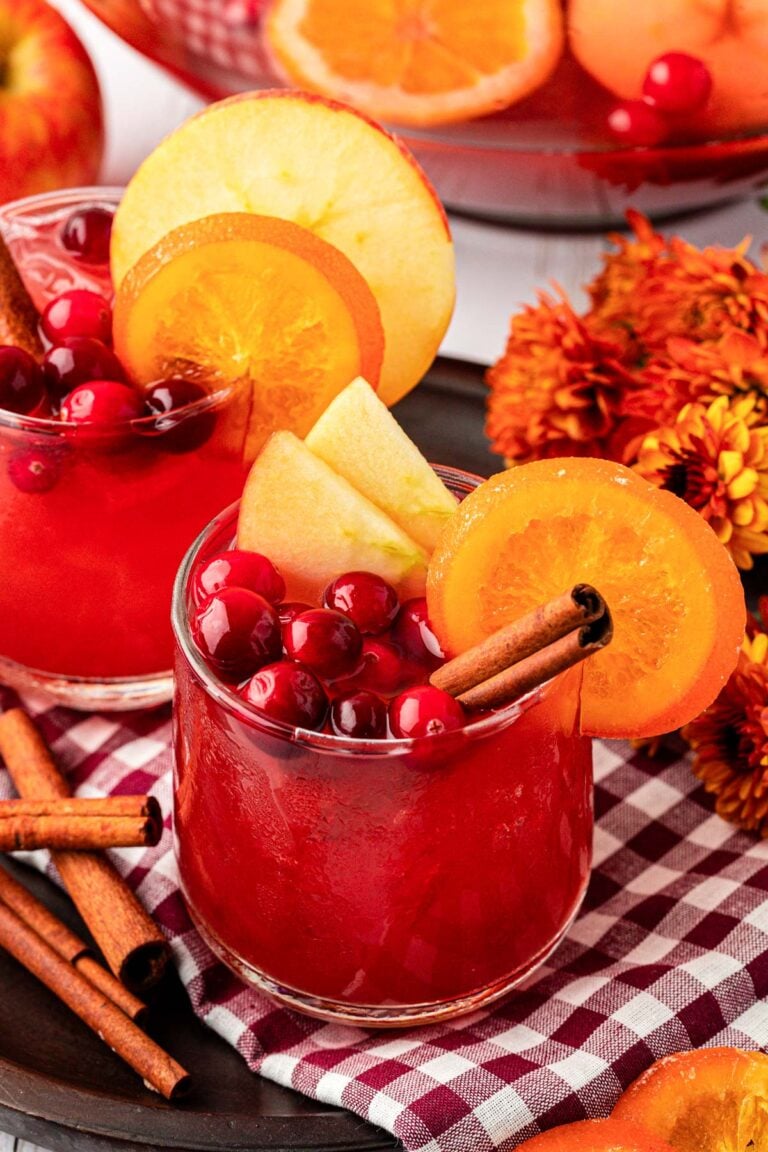 Close up of a glass filled with Thanksgiving punch and garnishes.