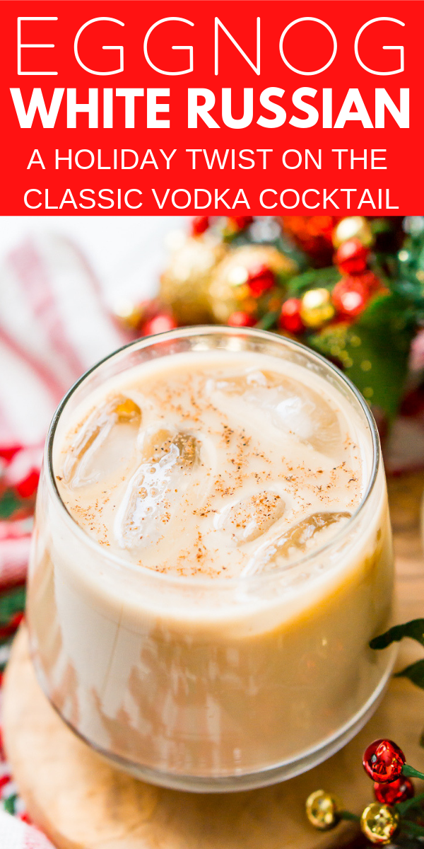 This Eggnog White Russian is a fun holiday twist on the classic vodka cocktail! Made with eggnog, coffee liqueur, vodka, and a dash of nutmeg! via @sugarandsoulco