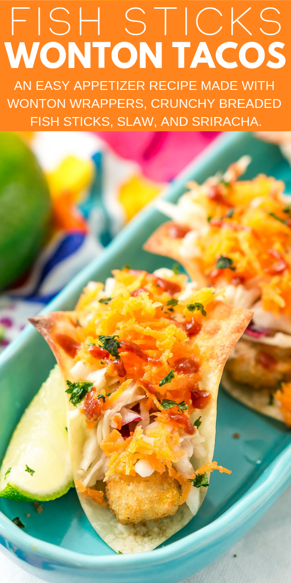 These Fish Sticks Wonton Tacos are an easy appetizer recipe perfect for get-togethers. Each mini taco is made with Crunchy Breaded Fish Sticks, crunchy slaw, and an Asian-inspired sauce.