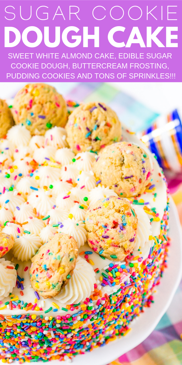 This Funfetti Sugar Cookie Dough Cake is an over the top cake made with two layers of white almond cake loaded with sprinkles and a layer of edible sugar cookie dough, then topped with classic vanilla buttercream!

 via @sugarandsoulco