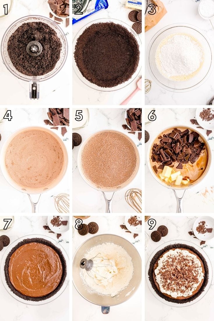 Step by step photo collage showing how to make chocolate cream pie from scratch.