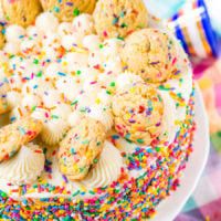 This Funfetti Sugar Cookie Dough Cake is an over the top cake made with two layers of white almond cake loaded with sprinkles and a layer of edible sugar cookie dough, then topped with classic vanilla buttercream!