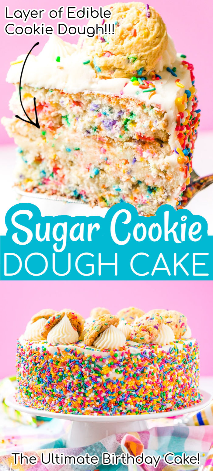 This Funfetti Sugar Cookie Dough Cake is an over the top cake made with two layers of white almond cake loaded with sprinkles and a layer of edible sugar cookie dough, then topped with classic vanilla buttercream!

 via @sugarandsoulco