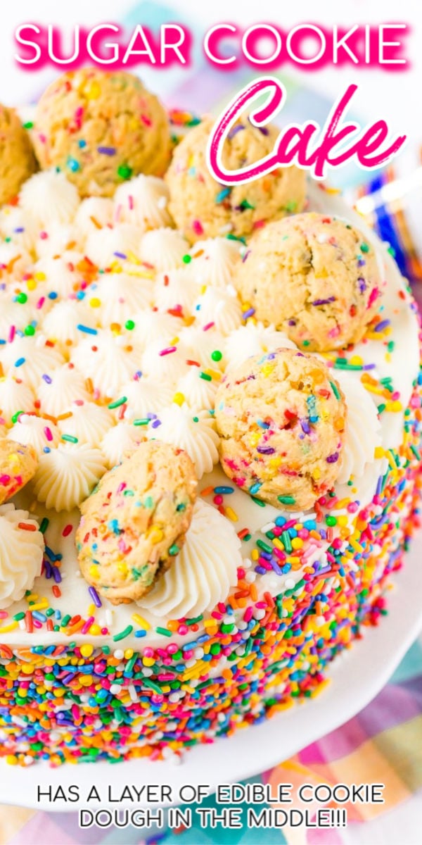 This Funfetti Sugar Cookie Dough Cake is an over the top cake made with two layers of white almond cake loaded with sprinkles and a layer of edible sugar cookie dough, then topped with classic vanilla buttercream!

 via @sugarandsoulco