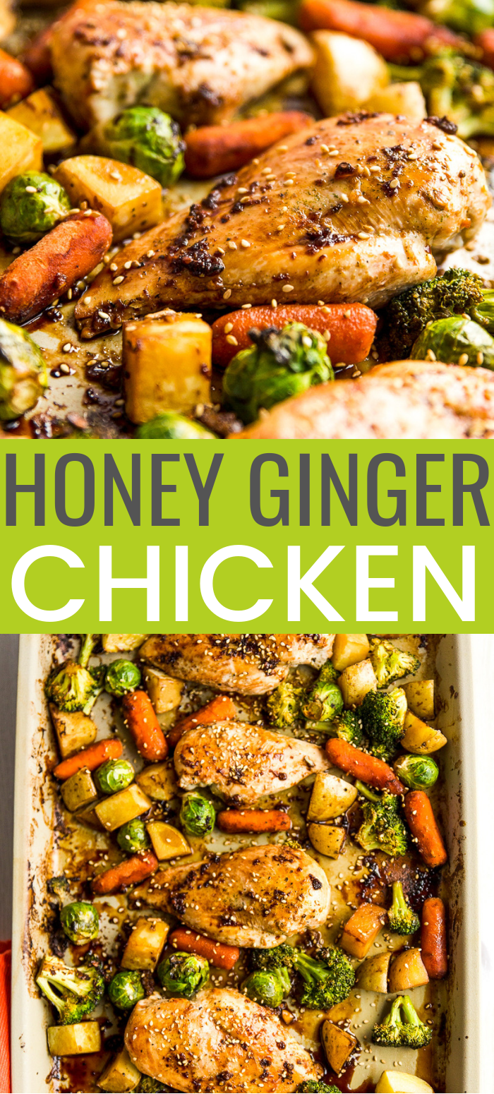 This Honey Ginger Chicken Sheet Pan Dinner is an easy Asian-inspired dish made with a tangy homemade sauce. You only need one pan to make it, so cleanup is a breeze! via @sugarandsoulco