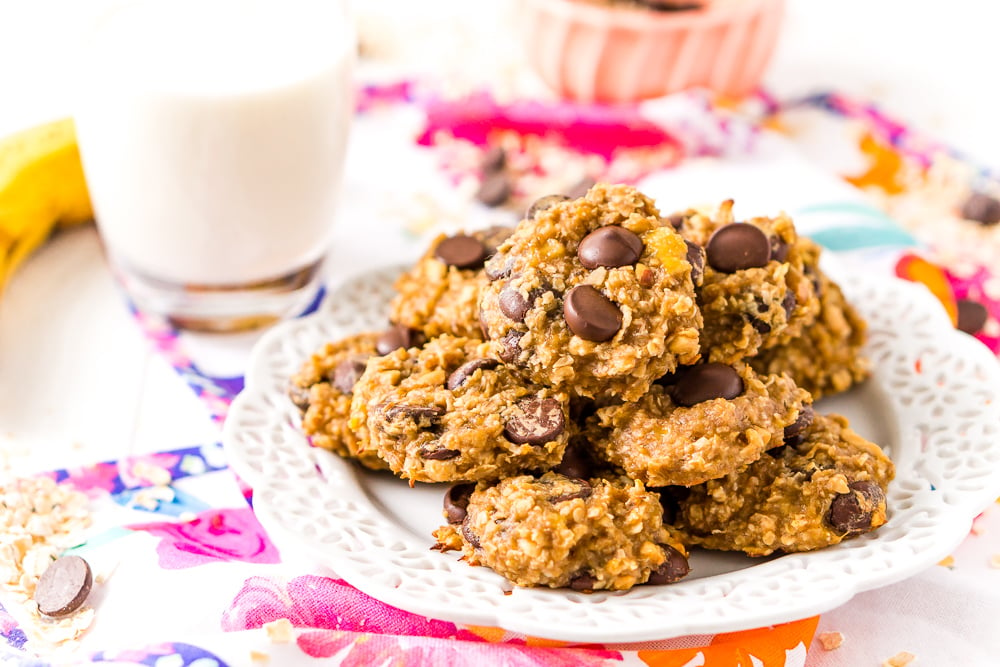 Banana Oatmeal Cookies with chocolate chips on white plate.