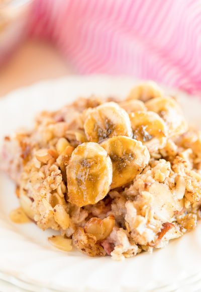 This Raspberry Almond Baked Oatmeal is an easy and delicious breakfast recipe, add bananas for extra flavor!