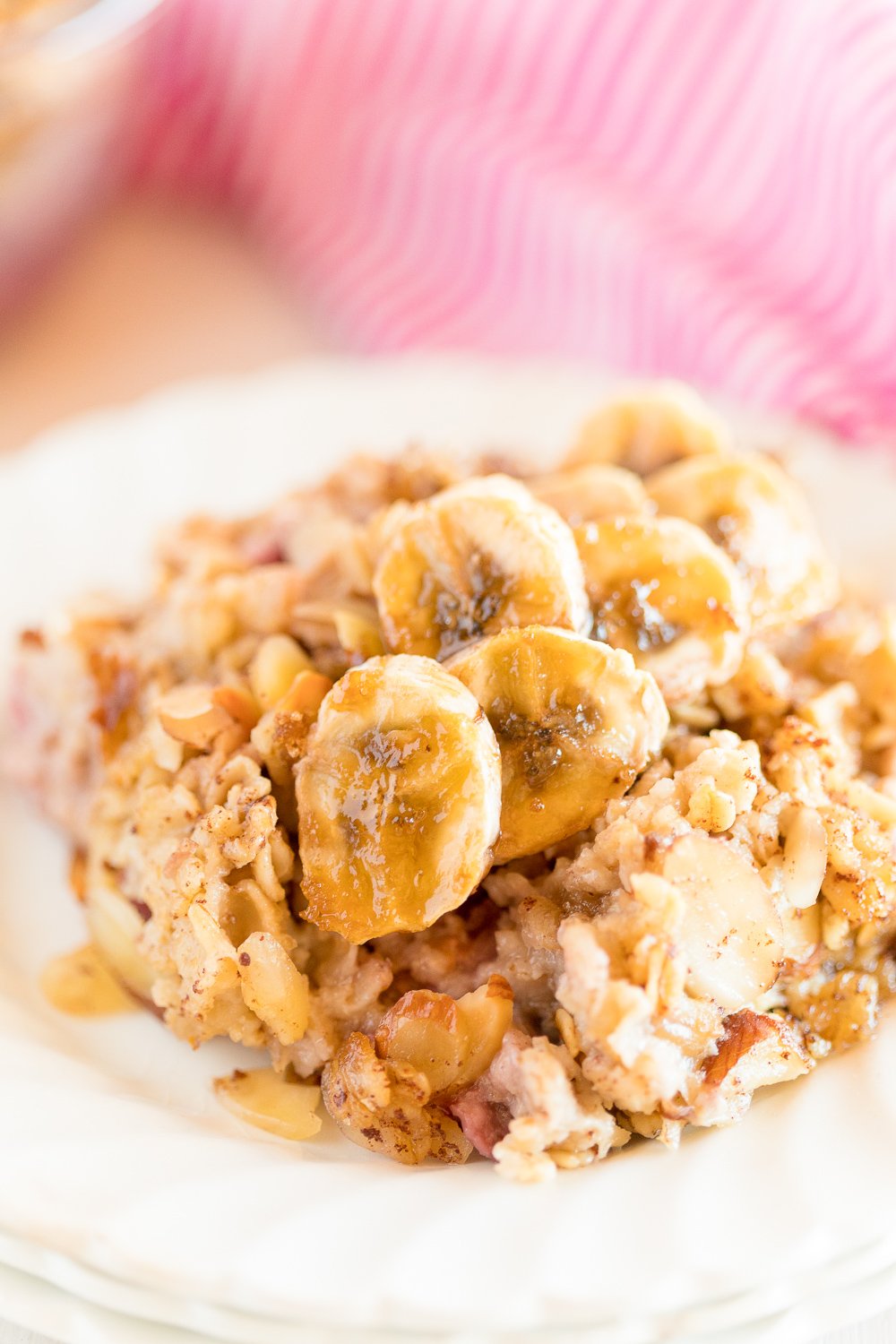 This Raspberry Almond Baked Oatmeal is an easy and delicious breakfast recipe, add bananas for extra flavor!