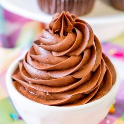 Chocolate Buttercream Frosting piped into white bowl.