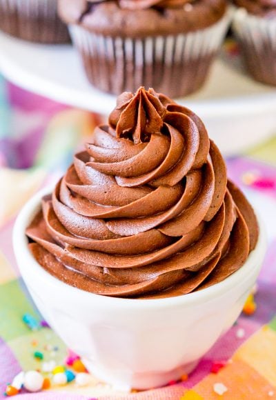 Chocolate Buttercream Frosting piped into white bowl.