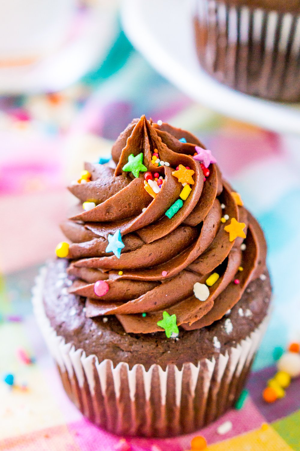 Chocolate Cupcake on a colorful napkin.