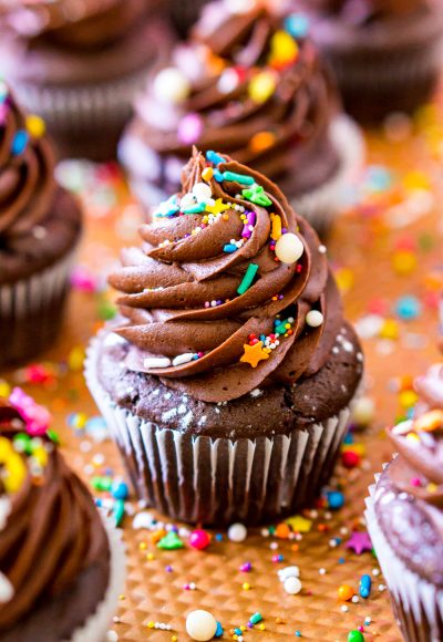 Close up photo of Chocolate Cupcakes on a copper baking sheet.