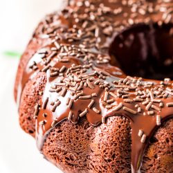 This Healthier Chocolate Yogurt Cake is a lightened up but still indulgent version of a classic bundt cake recipe made with applesauce and yogurt.