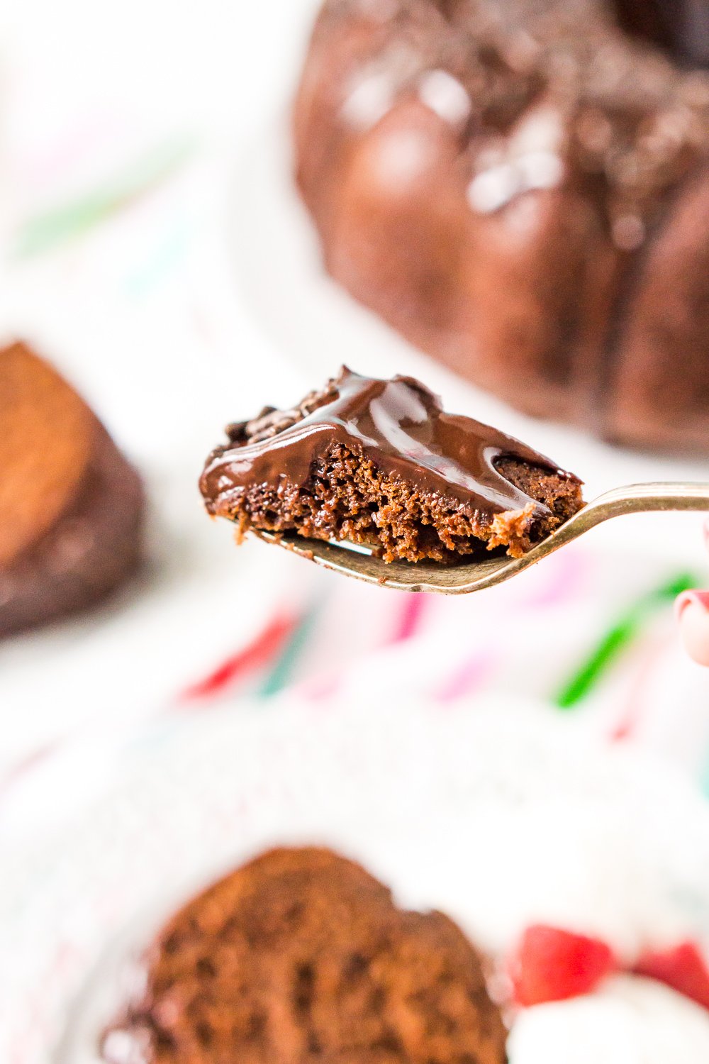 Fork with a piece of chocolate yogurt cake. 