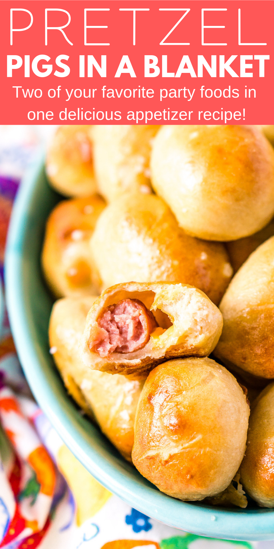 These Pretzel Pigs In A Blanket take two of your favorite party foods and combine them into one! Mini sausages and cheddar cheese wrapped in dough and baked to perfection!