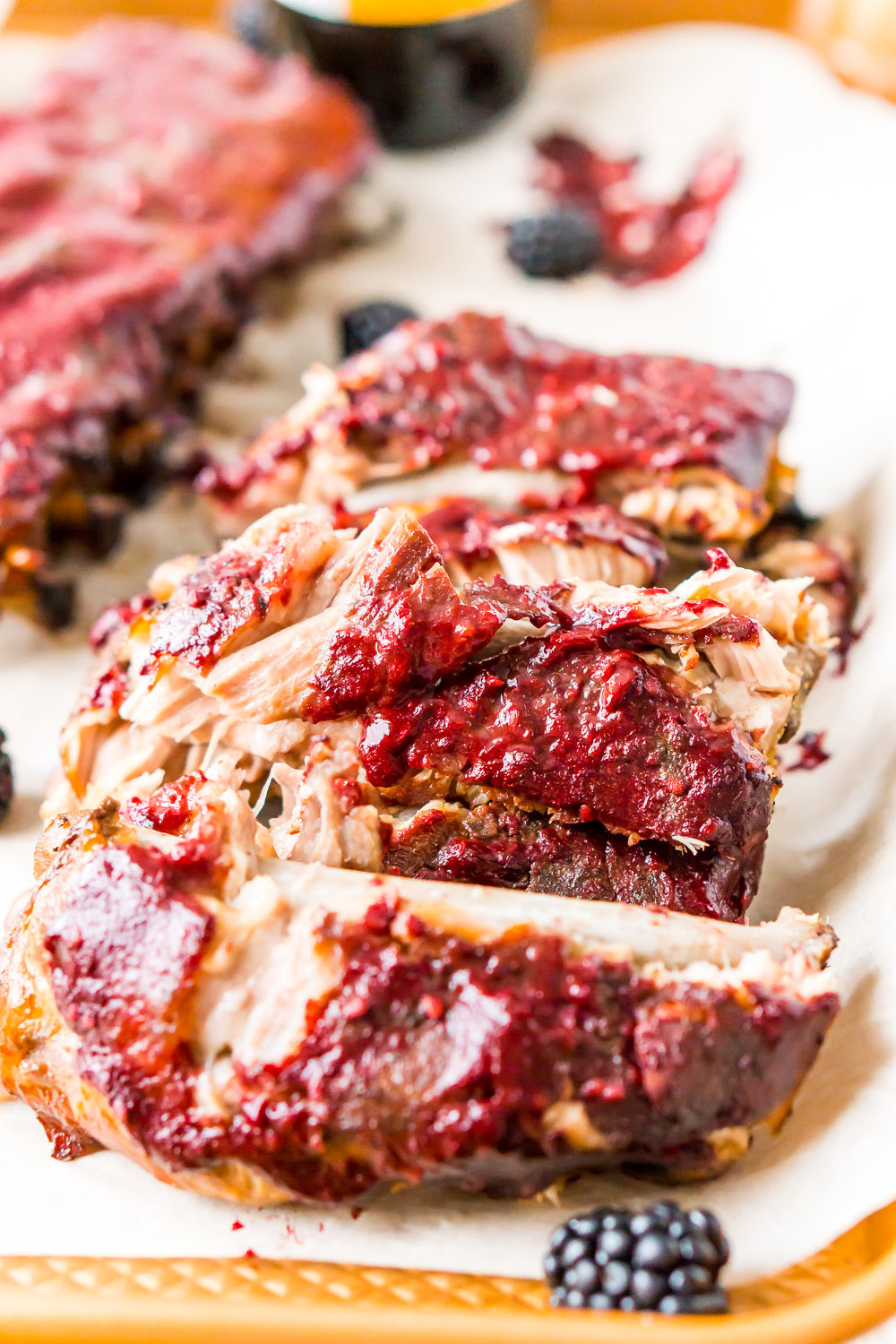 Sliced baby back ribs on sheet pan.