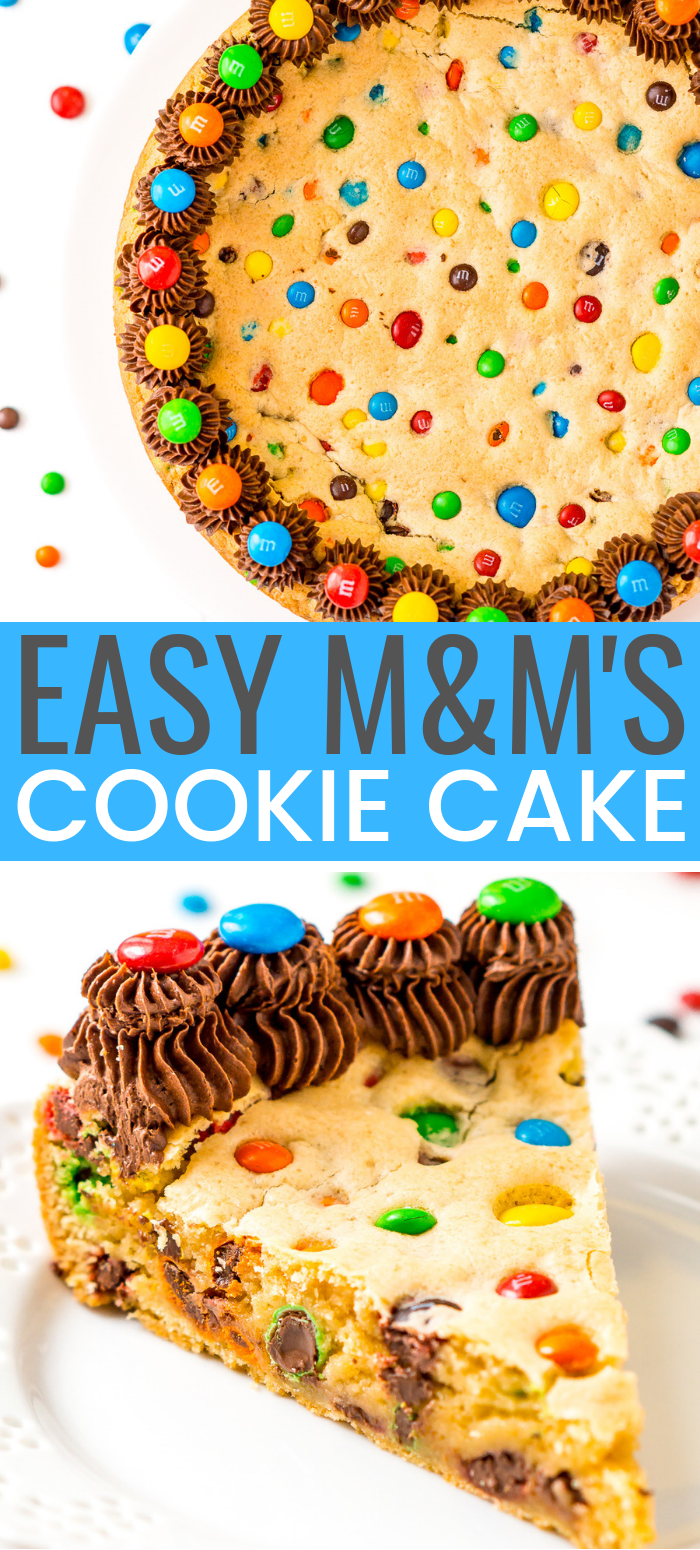 M&M’s Cookie Cake is a fun and easy dessert recipe the whole family will enjoy. A giant cookie made with M&M’s and chocolate frosting!! via @sugarandsoulco