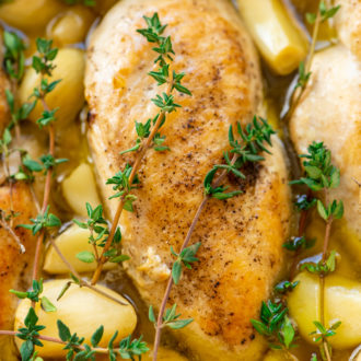 Garlic Chicken is a delicious dairy-free dinner recipe that's easy enough for weeknights and refined enough for special occasions. Made with chicken, garlic, olive oil, thyme, salt, and pepper.