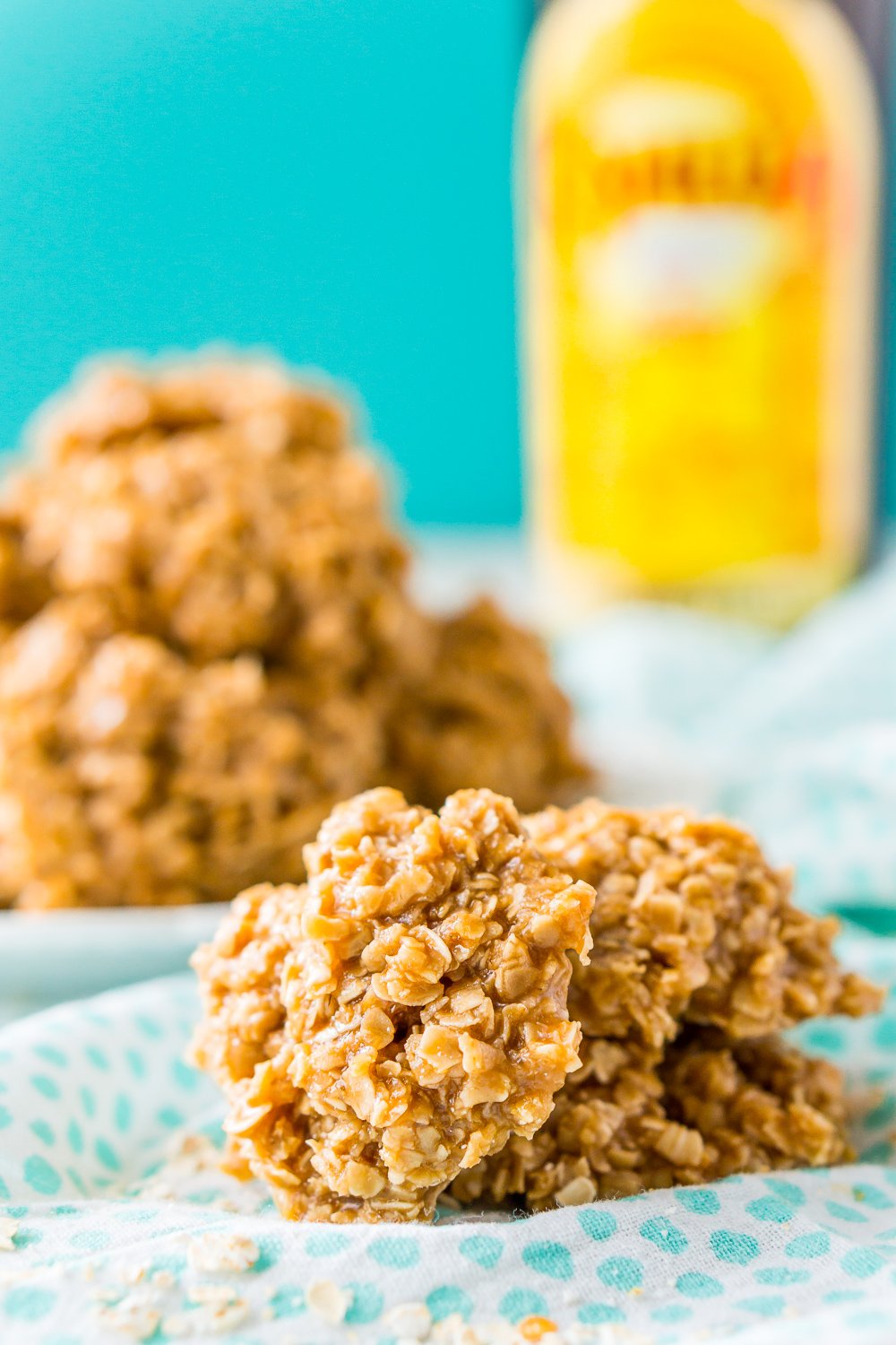 Kahlua No Bake Cookies with white and blue napkin.