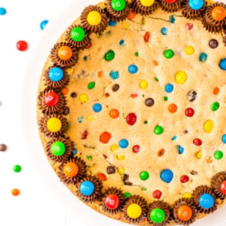Overhead shot of Cookie Cake with M&M's.