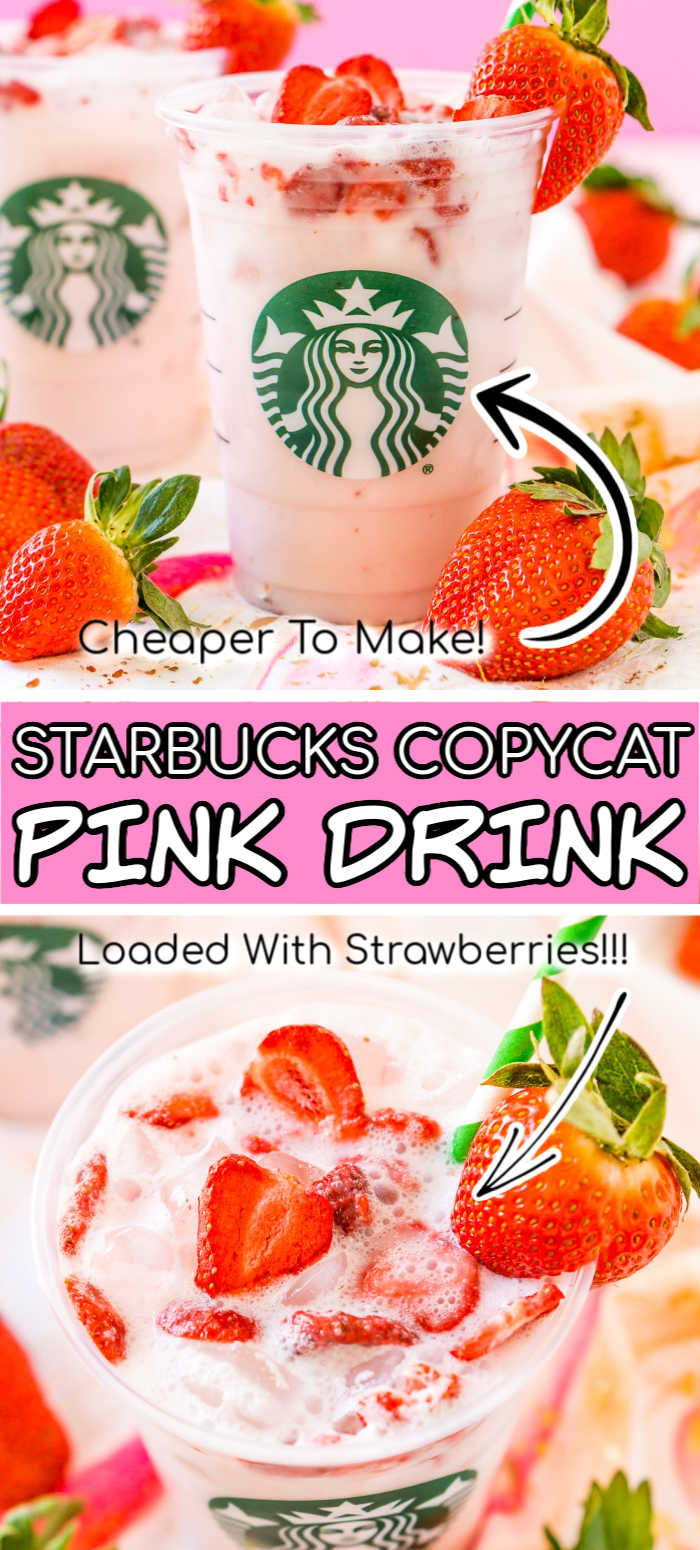 Questo Copycat Starbucks Pink Drink è una ricetta più economica e altrettanto deliziosa per fare la tua bevanda fruttata preferita di Starbucks direttamente a casa con tè alle bacche di acai, latte di cocco, succo d'uva bianco, sciroppo semplice e fragole liofilizzate! via @sugarandsoulco