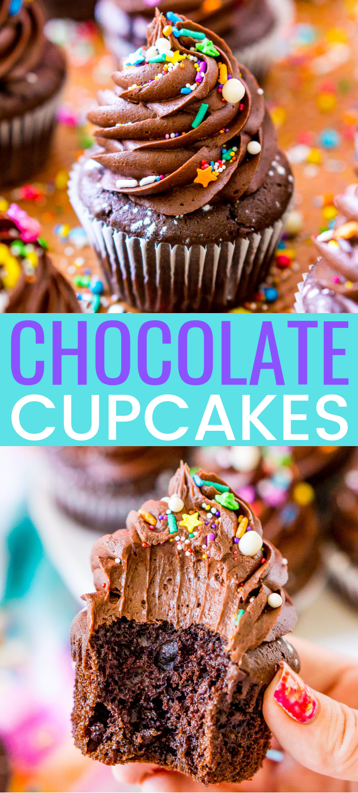 These Chocolate Cupcakes are super moist and topped with a rich and decadent chocolate buttercream. Made with an adapted cake mix recipe, they're easy to make and perfect for parties! via @sugarandsoulco