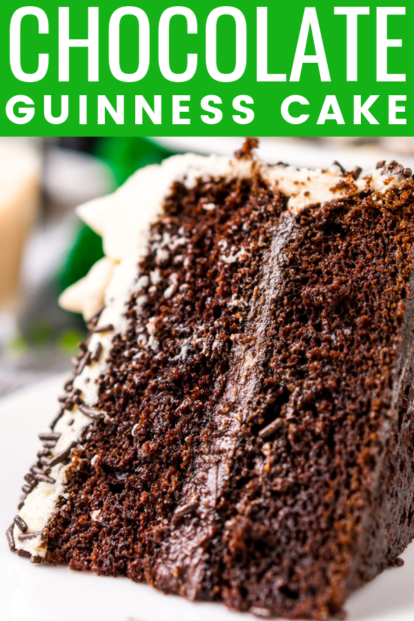 Chocolate Guinness Cake is made with a rich and tender chocolate cake laced with smooth stout with a chocolate ganache filling and a decadent Irish Cream Frosting! via @sugarandsoulco