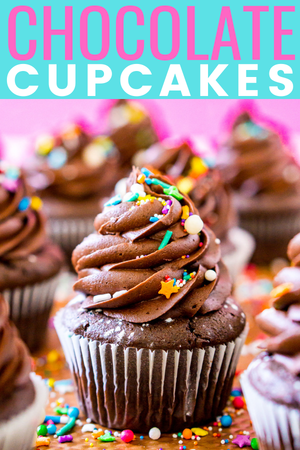 These Chocolate Cupcakes are super moist and topped with a rich and decadent chocolate buttercream. Made with an adapted cake mix recipe, they're easy to make and perfect for parties! via @sugarandsoulco