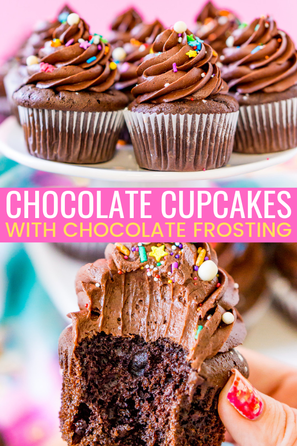 These Chocolate Cupcakes are super moist and topped with a rich and decadent chocolate buttercream. Made with an adapted cake mix recipe, they're easy to make and perfect for parties! via @sugarandsoulco