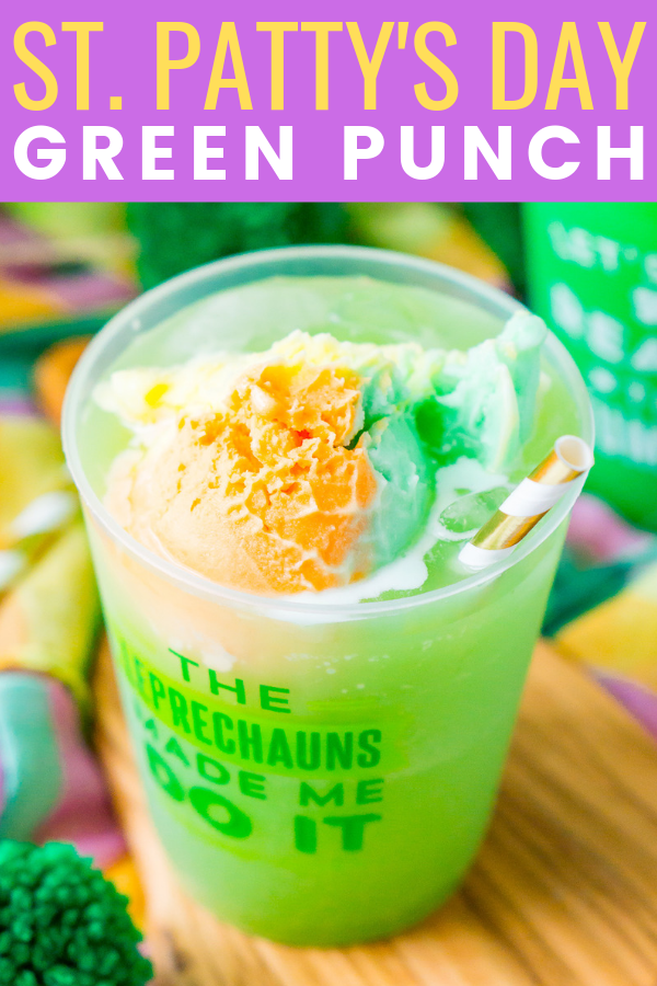 St. Patrick's Day Punch is a quick, easy, and fun green punch recipe made with grape juice, orange juice, lemon-lime soda, and rainbow sherbet! This sweet and fizzy drink recipe is sure to delight any Leprechaun! via @sugarandsoulco