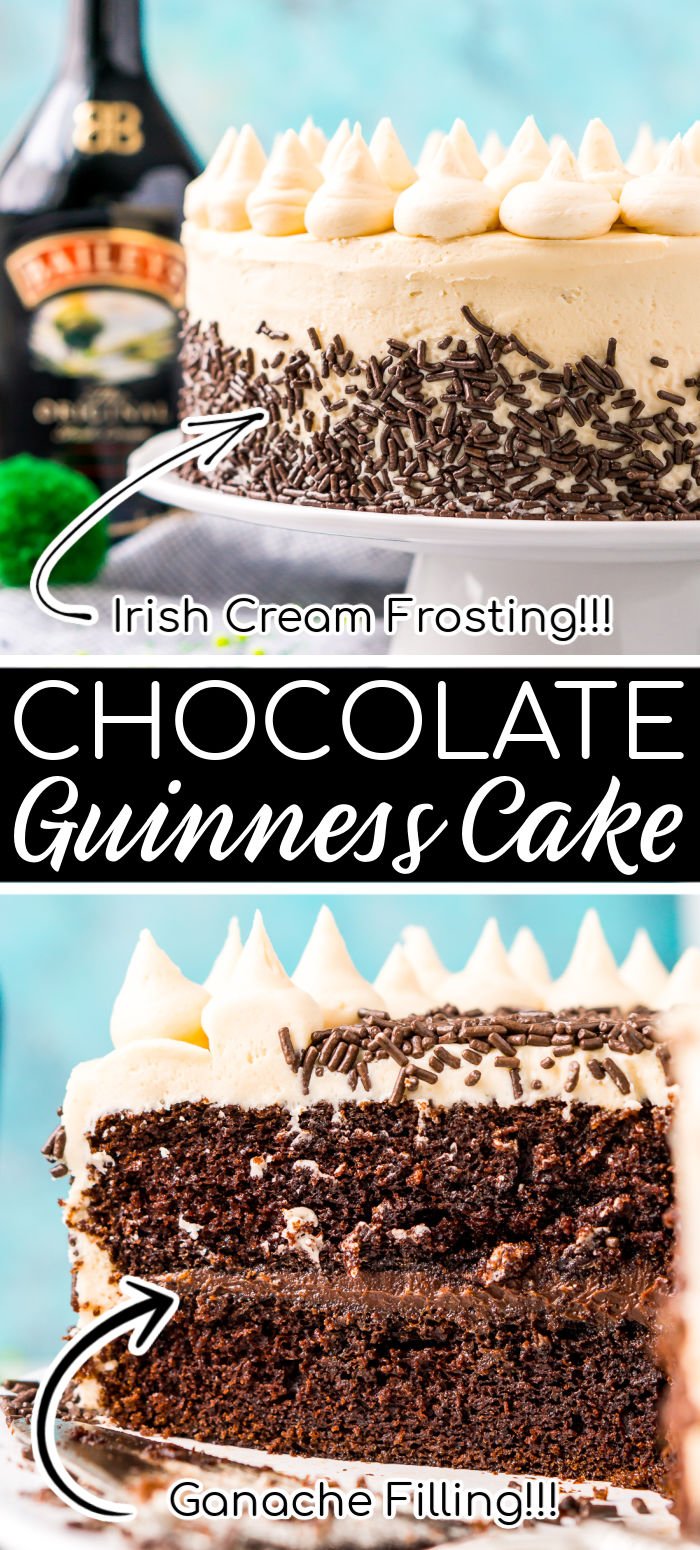 Chocolate Guinness Cake is made with a rich and tender chocolate cake laced with smooth stout with a chocolate ganache filling and a decadent Irish Cream Frosting! via @sugarandsoulco