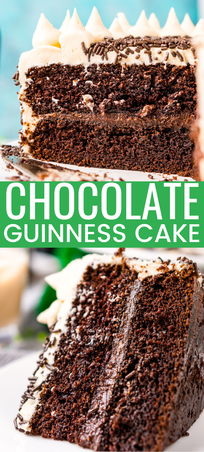 This Chocolate Guinness Cake is made with a rich and tender chocolate cake laced with smooth stout with a chocolate ganache filling and a decadent Irish Cream Frosting! Perfect for St. Patrick's Day! via @sugarandsoulco