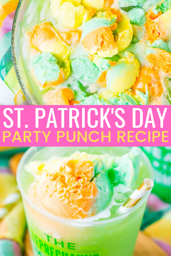 St. Patrick's Day Punch is a quick, easy, and fun green punch recipe made with grape juice, orange juice, lemon-lime soda, and rainbow sherbet! This sweet and fizzy drink recipe is sure to delight any Leprechaun! via @sugarandsoulco