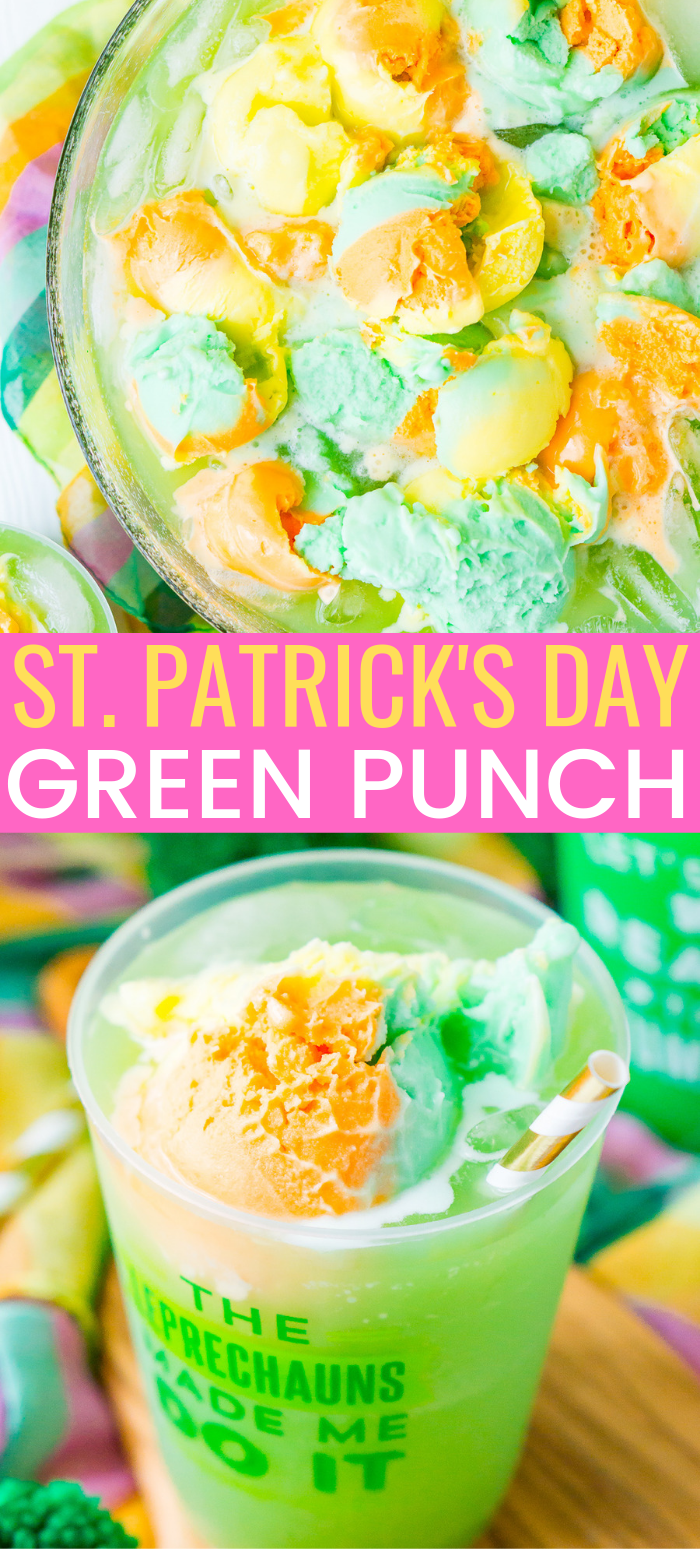 St. Patrick's Day Punch is a quick, easy, and fun green punch recipe made with grape juice, orange juice, lemon-lime soda, and rainbow sherbet! This sweet and fizzy drink recipe is sure to delight any Leprechaun! via @sugarandsoulco
