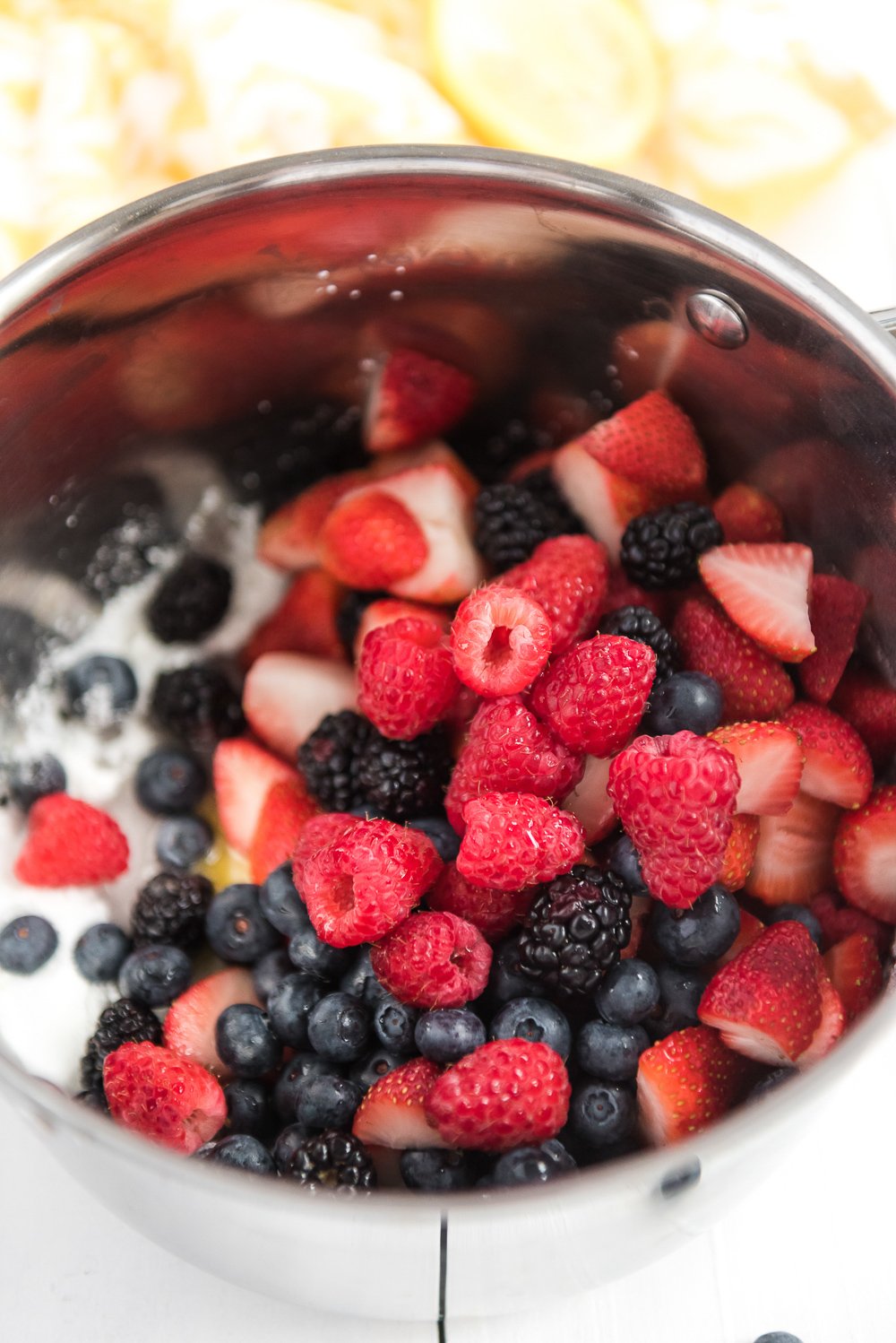 Mixed Berry Pie Filling ingredients in saucepan ready to be made.