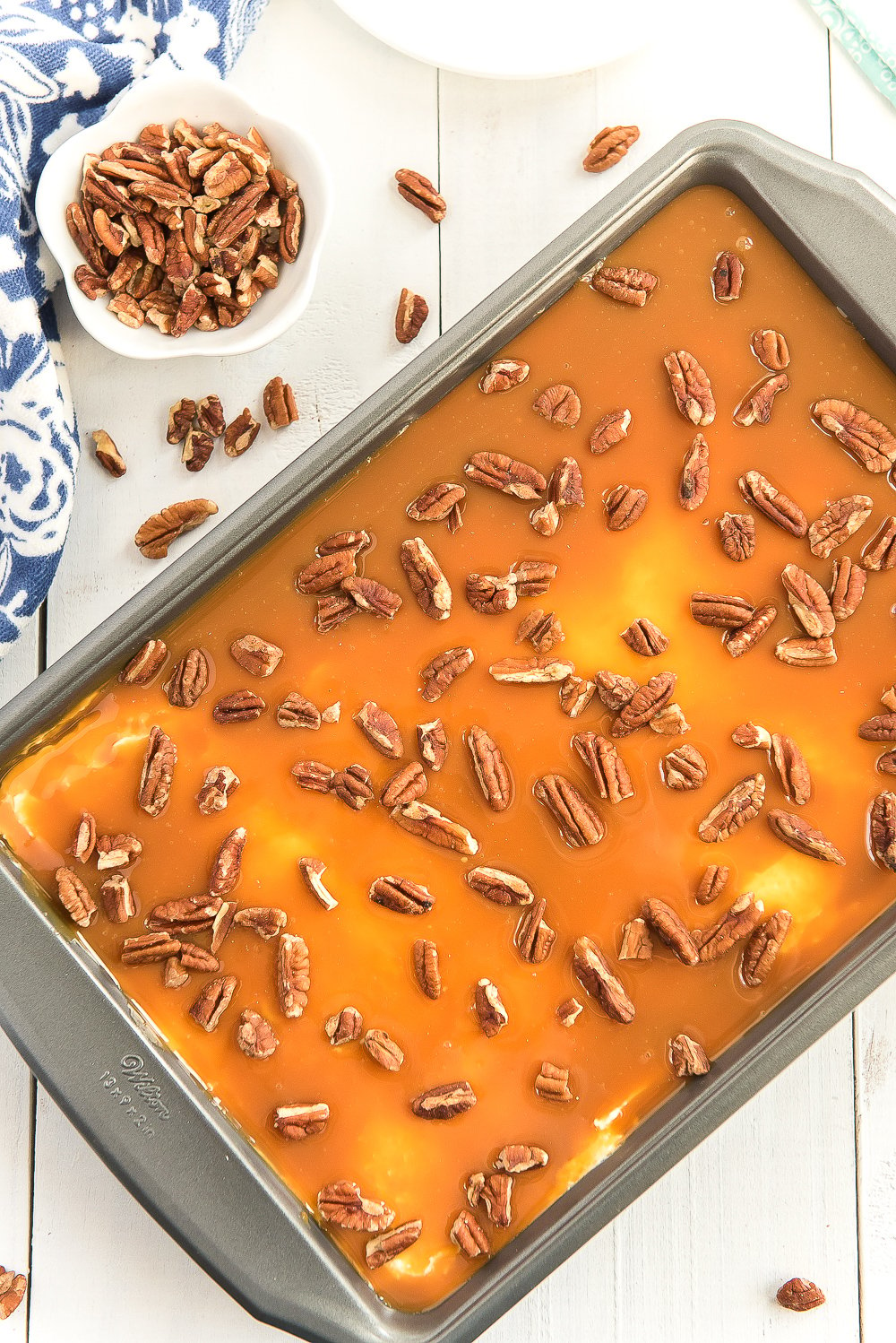 Overhead shot of Caramel Carrot Cake in a 9x13-inch pan.