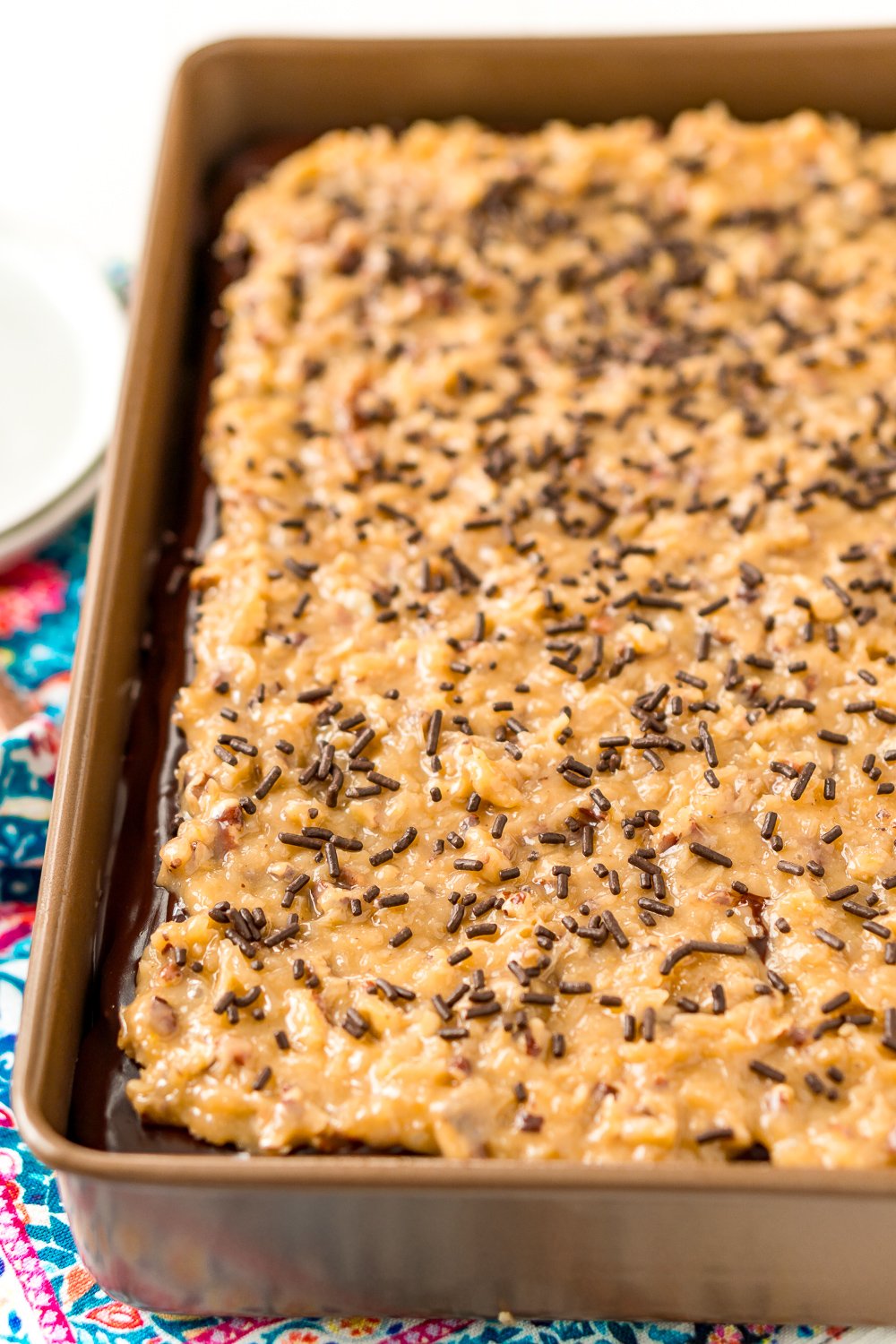 German Chocolate Cake with Coconut pecan Frosting in a 9x13-inch cake pan.