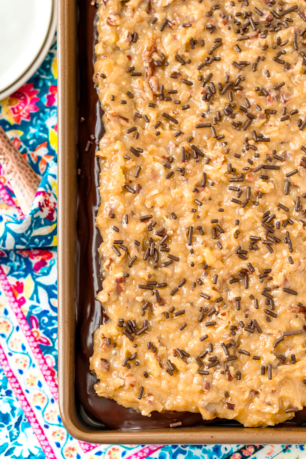 Overhead photo of a pan of German Chocolate Cake with Coconut Pecan Frosting.