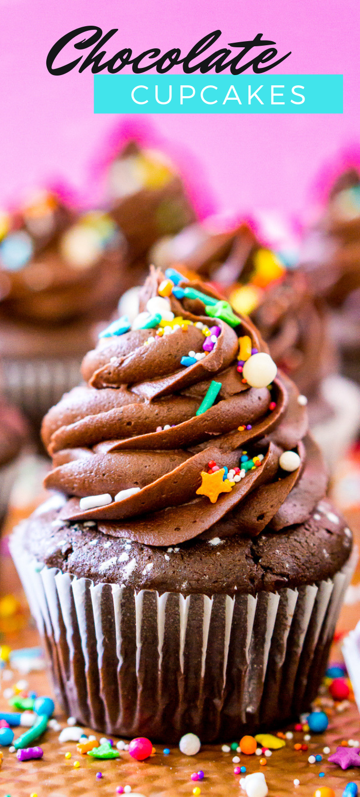 These Chocolate Cupcakes are super moist and topped with a rich and decadent chocolate buttercream. Made with an adapted cake mix recipe, they're easy to make and perfect for parties! via @sugarandsoulco