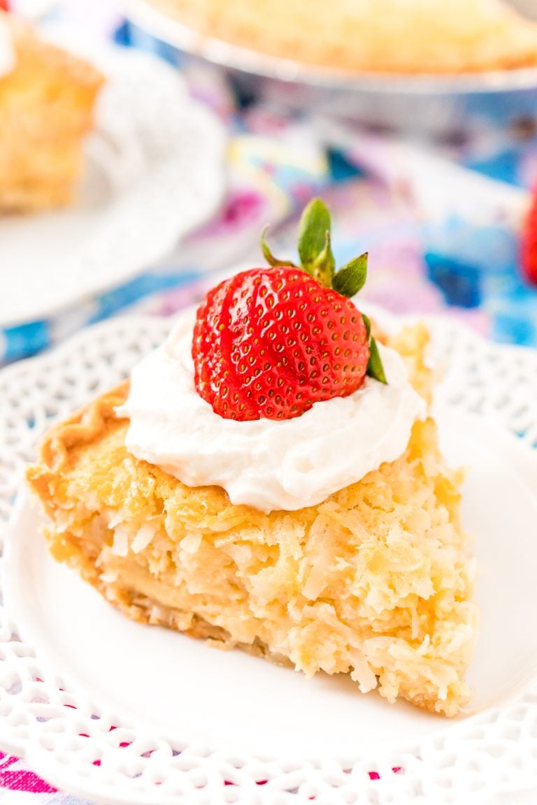 Coconut Custard Pie is a dense and creamy treat made with just 7 ingredients including coconut, milk, and eggs! It’s super simple to whip up for any gathering this spring, especially for Easter dessert!