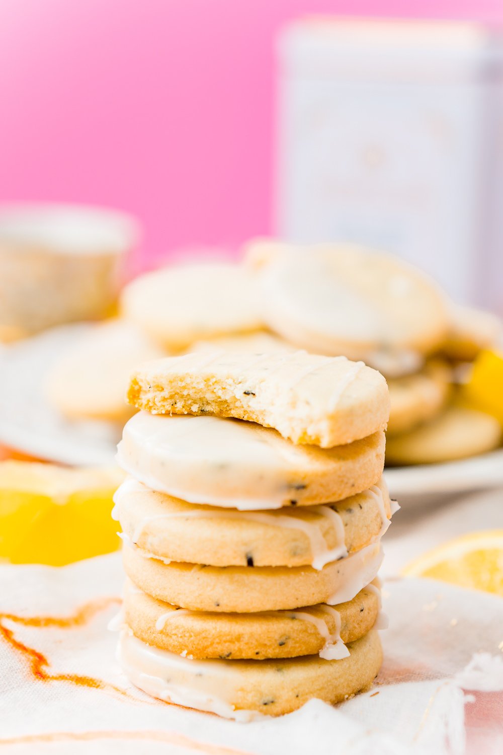 Stack of Earl Grey Cookies, the top cookie has a bit taken out of it.