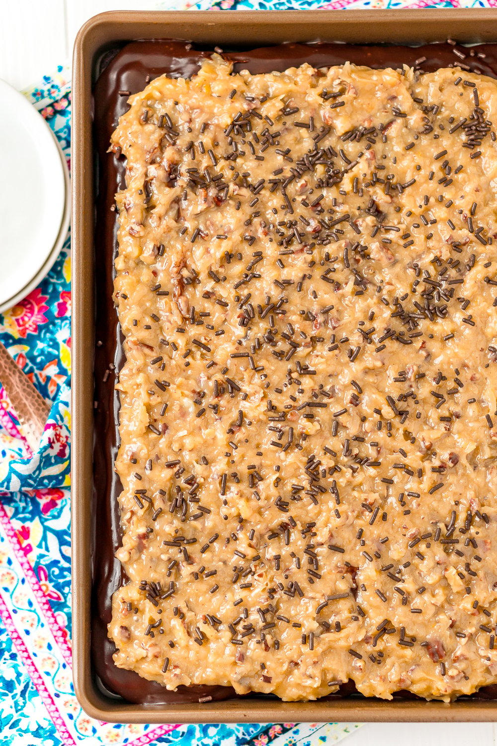 Overhead shot of a German Chocolate Poke Cake in a 9x13-inch pan.