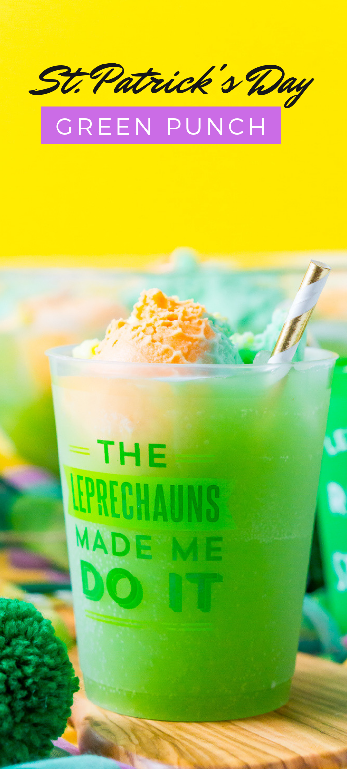 St. Patrick's Day Punch is a quick, easy, and fun green punch recipe made with grape juice, orange juice, lemon-lime soda, and rainbow sherbet! This sweet and fizzy drink recipe is sure to delight any Leprechaun! via @sugarandsoulco