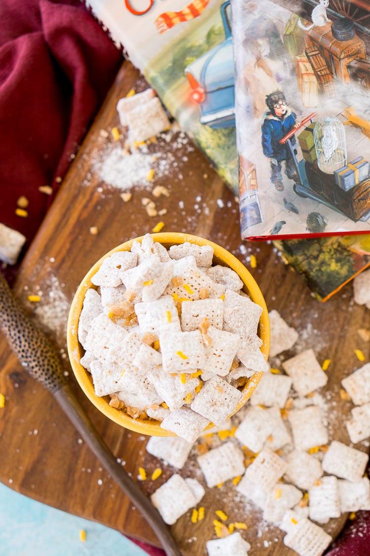 Overhead photo of a bowl of harry potter inspired muddy buddies.