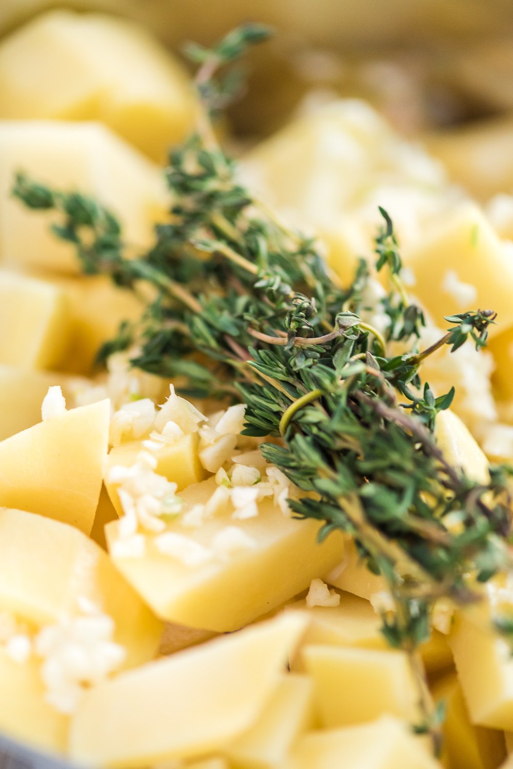 Chopped potatoes, garlic, and fresh thyme in pot.