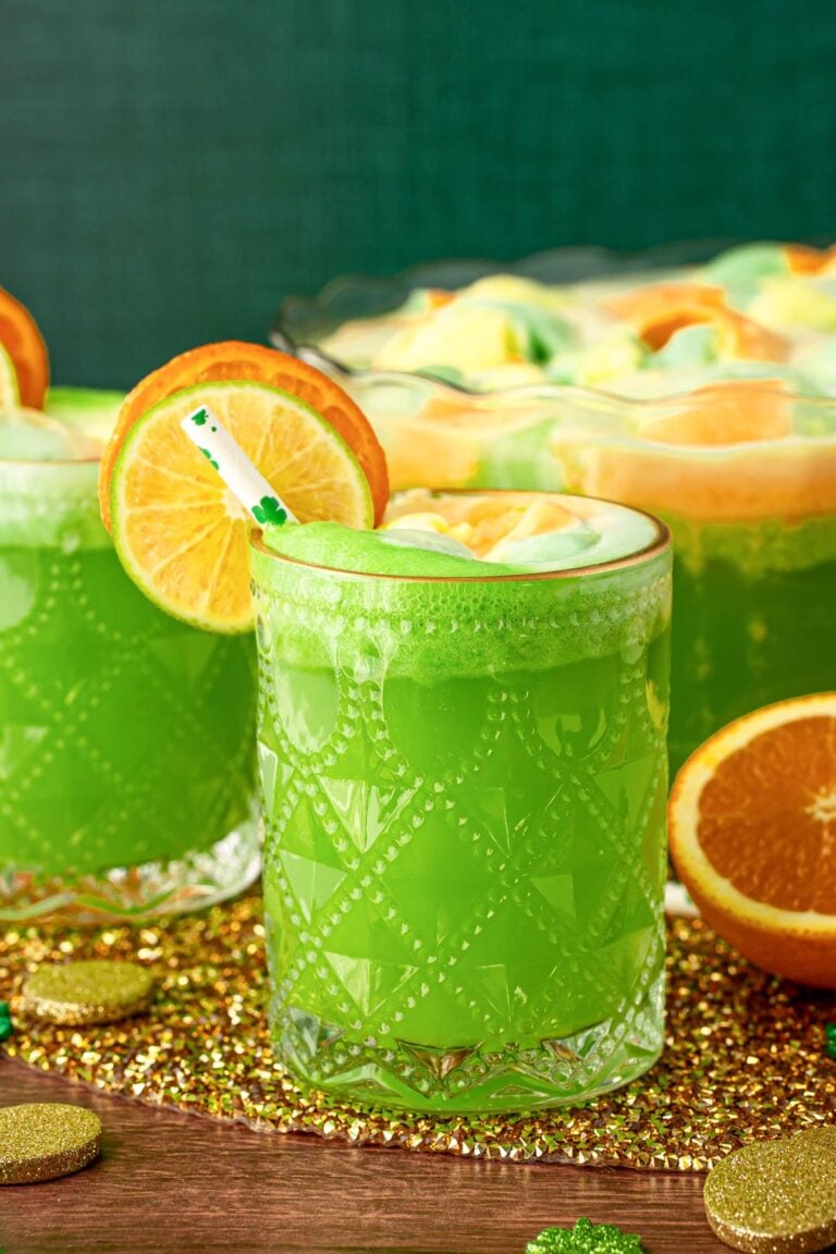 Close up of a glass filled with green punch for St. Patrick's Day.