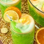 Close up of a glass of green St. Patrick's Day Punch.