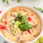 This Chicken Coconut Soup, also known as Tom Kha Gai, is an incredibly aromatic and flavorful Thai dish made with chicken, mushrooms, peppers, in a creamy coconut broth.
