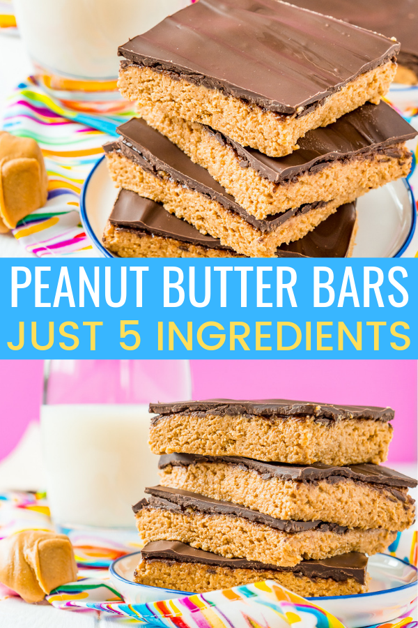 Peanut Butter Bars are a classic, 5-ingredient dessert recipe that can be made in less than 10 minutes! Made with a blend of peanut butter, graham crackers, powdered sugar, butter, and chocolate!